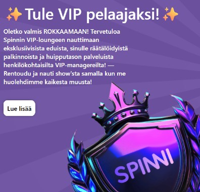 Spinni Casinon VIP-ohjelma koostuu 4 tasosta. Spinni Casinon VIP-ohjelma koostuu 4 tasosta.