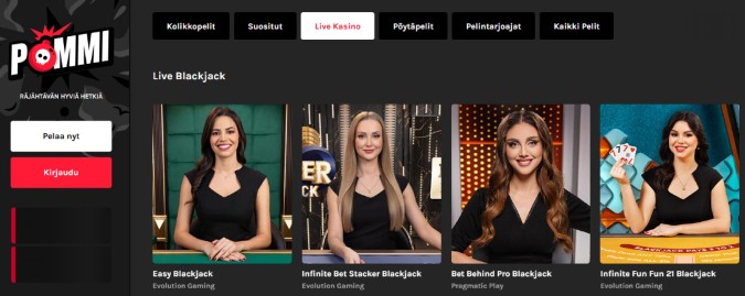 Pommi live casino tarjoaa pelejä 3 tuottajalta. Pommi live casino tarjoaa pelejä 3 tuottajalta.