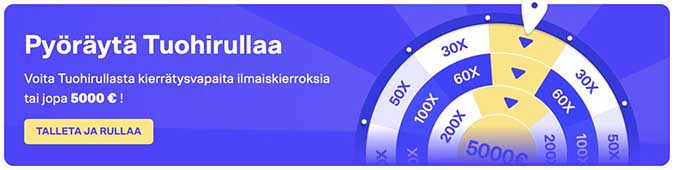 Tuohi Casino bonus on pyöräytys Tuohirullaan, josta voi saada kierrätysvapaita ilmaiskierroksia tai jopa 5000€. Tuohi Casino bonus on pyöräytys Tuohirullaan, josta voi saada kierrätysvapaita ilmaiskierroksia tai jopa 5000€.