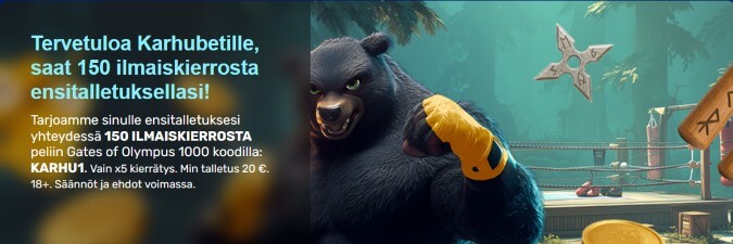 KarhuBet Casino bonus sisältää 150 ilmaiskierrosta. KarhuBet Casino bonus sisältää 150 ilmaiskierrosta.