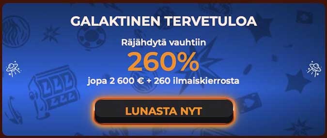 Vegazone Casino Bonus Vegazone Casino bonus sisältää 2 600€ pelirahaa ja 260 ilmaiskierrosta.