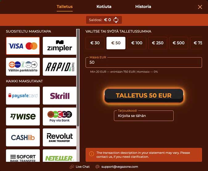 Vegazone Casino Talletus Vegazone talletus on mahdollista monilla maksutavoilla